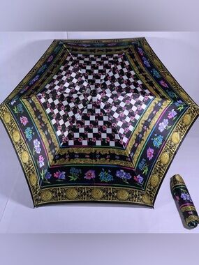 Vintage Gianni Versace Floral Checkerboard Foldable Umbrella, Authentic